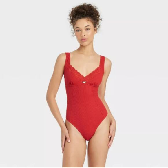 Colsie Women's Waffle Bodysuit Red Size Small - Picture 1 of 6